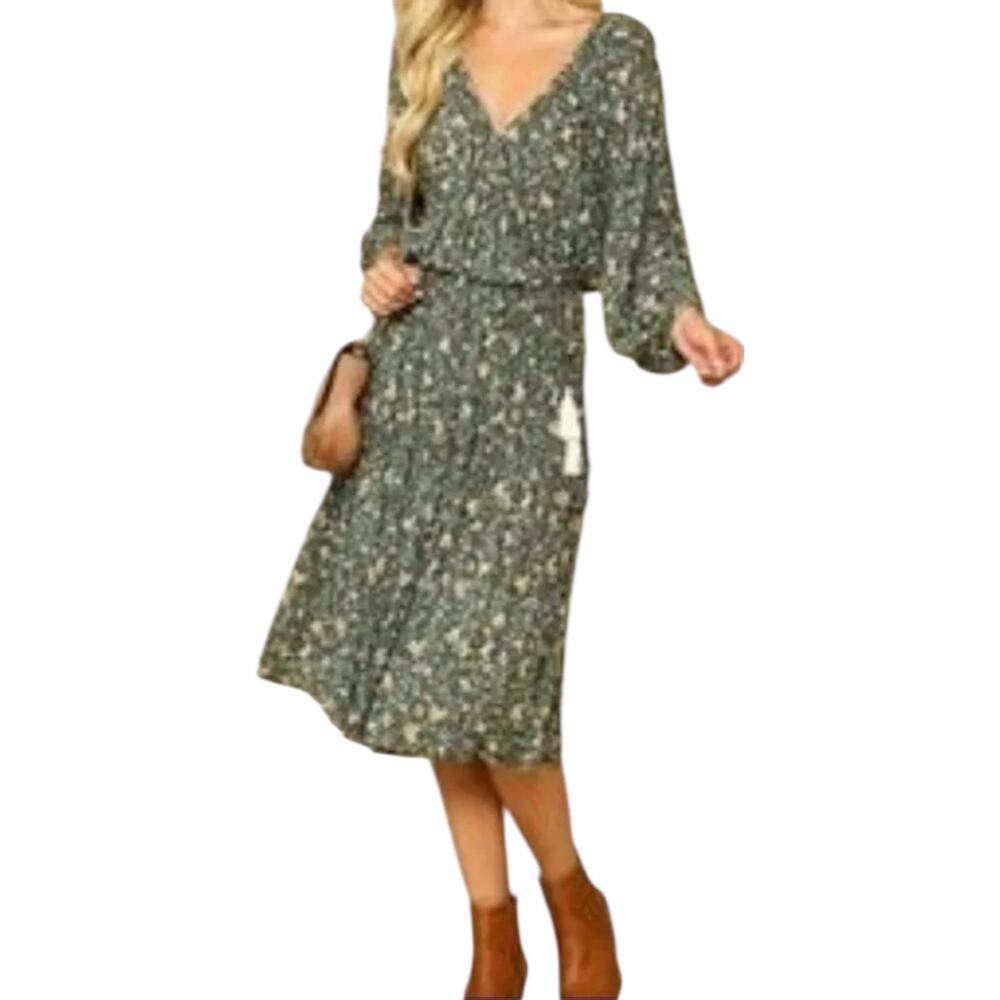 Three Bird Nest Midi Dress Long Sleeve Tiered Floral V Neck Cottagecore Green S